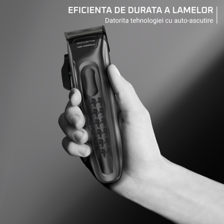 Aparat de tuns Rowenta x Karl Lagerfeld Barber Experience TN155LE0, 6500 rpm, autonomie 150 min, 6 piepteni ficsi, 6 piepteni fade, lame inox, indicator LED, baza de incarcare, negru & gri [10]