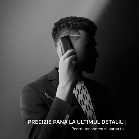 Aparat de tuns Rowenta x Karl Lagerfeld Barber Experience TN185LE0, 6500 rpm, autonomie 90 min, 5 piepteni ficsi, lame inox, baza de incarcare, indicator LED, negru & gri [8]