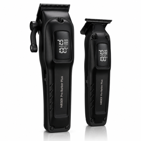 Ingrijire personala - Aparat de tuns si trimmer HAEGER Pro Barber Plus, set 2 in 1, display LED, 10 piepteni, USB-C, Negru