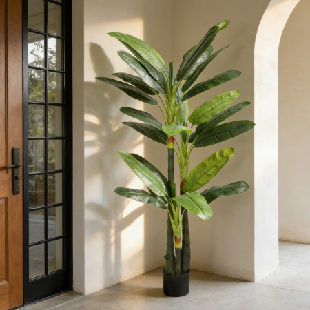  Arbore de Bananier Artificial, Planta Artificiala cu 18 Frunze, 180 cm, Verde [8]