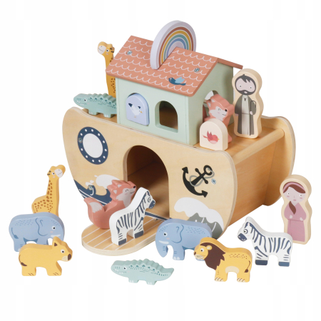 Arca lui Noe din lemn, jucarie educativa cu 17 figurine, 25x13x23 cm, multicolor [9]