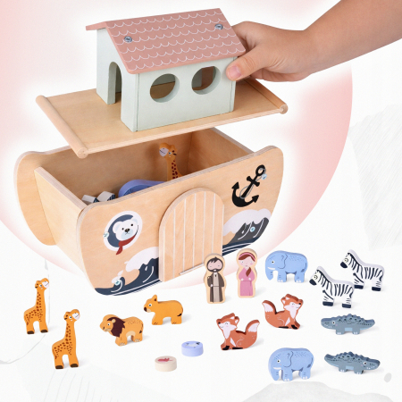 Arca lui Noe din lemn, jucarie educativa cu 17 figurine, 25x13x23 cm, multicolor [6]