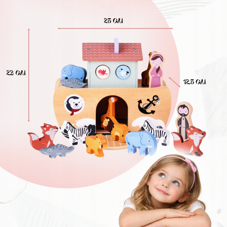 Arca lui Noe din lemn, jucarie educativa cu 17 figurine, 25x13x23 cm, multicolor [4]