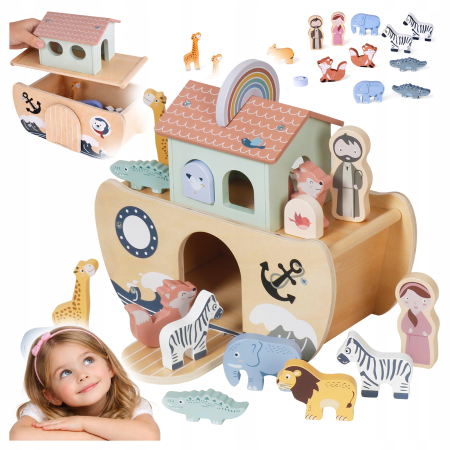 Arca lui Noe din lemn, jucarie educativa cu 17 figurine, 25x13x23 cm, multicolor [1]