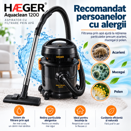 Pachet promo Aspirator cu fitrare prin apa HAEGER AQUACLEAN 1200, Putere 1200W + Fier de calcat cu abur HAEGER VAPOUR PRO, Talpa ceramica, 2700W [1]