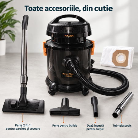 Pachet promo Aspirator cu fitrare prin apa HAEGER AQUACLEAN 1200, Putere 1200W + Fier de calcat cu abur HAEGER VAPOUR PRO, Talpa ceramica, 2700W [6]
