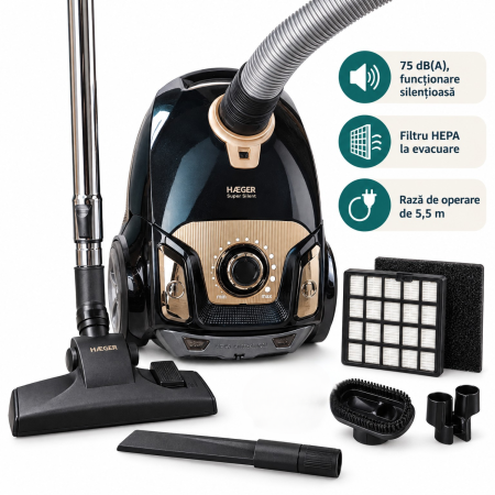Fiare, statii & aparate de calcat cu abur - Aspirator cu sac HAEGER SUPER SILENT, Putere 750W, Capacitate sac 4L, Filtru HEPA functionare silentioasa, Clasa energetica A, filtru lavabil, Maro