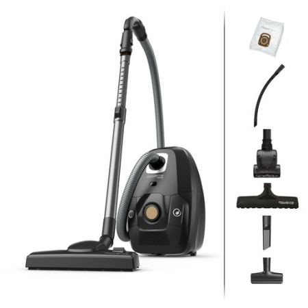 Bucatarie - Aspirator cu sac Rowenta Green Force Effitech Total Clean RO6189EA, 400W, 3 niveluri de filtrare, lungime cablu 8.4m, recipient praf 4.5L, perie EasyBrush, indicator umplere sac, Negru