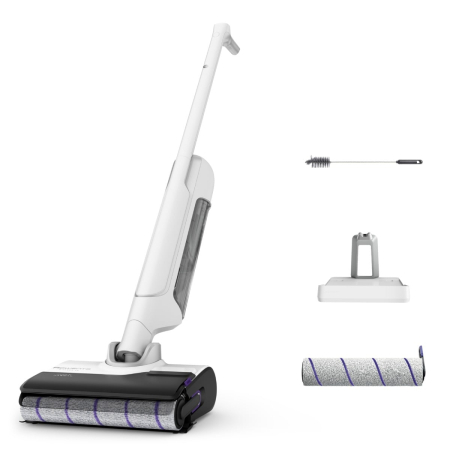Bucatarie - Aspirator cu spalare Rowenta X-Clean 10 GZ7540WO, 200W, 550 RPM, pana la 60 min autonomie, ecran LED, functie uscare & autocuratare, baza de incarcare, nivel scazut de zgomot, alb & argintiu