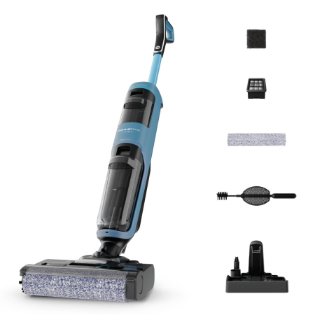 Bucatarie - Aspirator cu spalare Rowenta X-Clean 2 GZ2271E0, 120W, 440 RPM, pana la 35 min autonomie, ecran LED, 2 role, panou de control, albastru & negru