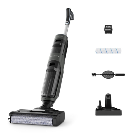 Bucatarie - Aspirator cu spalare Rowenta X-Clean 4 GZ5037WO, 200W, 425 RPM, pana la 50 min autonomie, ecran LED, functie autocuratare, baza de incarcare, nivel scazut de zgomot, gri & negru