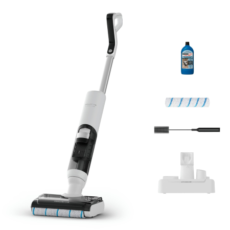 Bucatarie - Aspirator cu spalare Rowenta X-Clean 5 Pro GZ5435E0, 250 W, 530 RPM, pana la 50 min autonomie, ecran LED, functie uscare & autocuratare, tehnologie anti-incalcire, compatibil cu detergenti, alb & negr
