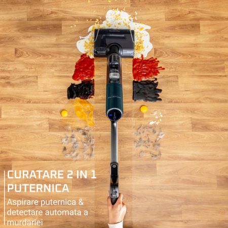 Aspirator cu spalare Rowenta X-Clean 7 GZ5735E0, 250 W, 530 RPM, pana la 50 min autonomie, ecran LED, functie uscare & autocuratare, baza de incarcare, verde & gri [3]