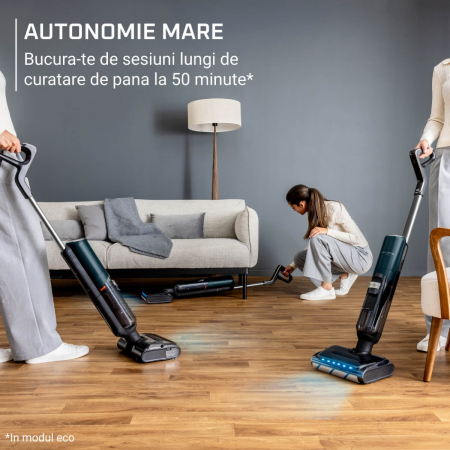 Aspirator cu spalare Rowenta X-Clean 7 GZ5735E0, 250 W, 530 RPM, pana la 50 min autonomie, ecran LED, functie uscare & autocuratare, baza de incarcare, verde & gri [2]