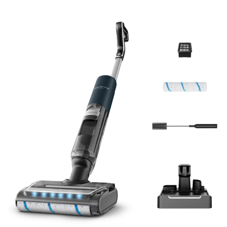 Bucatarie - Aspirator cu spalare Rowenta X-Clean 7 GZ5735E0, 250 W, 530 RPM, pana la 50 min autonomie, ecran LED, functie uscare & autocuratare, baza de incarcare, verde & gri