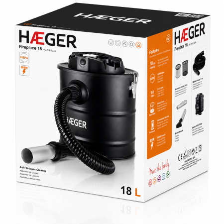 Aspirator de cenusa HAEGER FIREPLACE 18, 800 W,  Capacitate 18 L, Filtru HEPA ignifug, Duza din aluminiu 23 cm, Furtun metalic 1 m, Pentru Sobe, Cazane pe peleti sau lemne, Seminee, Negru [9]