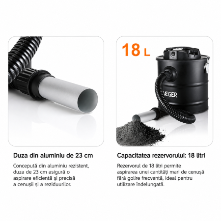 Aspirator de cenusa HAEGER FIREPLACE 18, 800 W,  Capacitate 18 L, Filtru HEPA ignifug, Duza din aluminiu 23 cm, Furtun metalic 1 m, Pentru Sobe, Cazane pe peleti sau lemne, Seminee, Negru [4]
