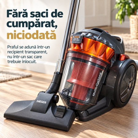Pachet promo Aspirator fara sac HAEGER MAX CYCLON, Putere 700W, Capacitate 3L, Filtrare multiciclonica + Fier de calcat cu abur HAEGER DARK RIVER, Talpa din inox, Putere 2200W [1]