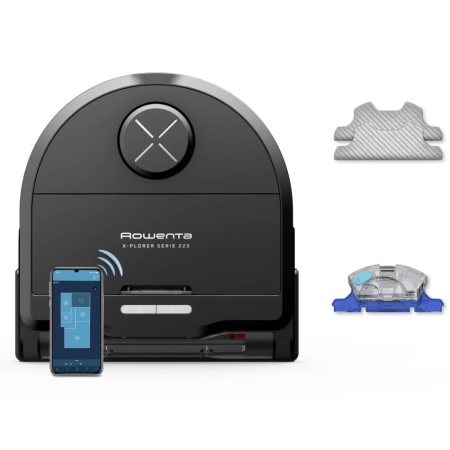 Bucatarie - Aspirator robot Rowenta X-Plorer Serie 220 RR9465WH, aspirator si mop, autonomie 120 min, recipient praf 0.35L, nivel de zgomot 70 dB(A), sistem Smart Aqua Power, negru