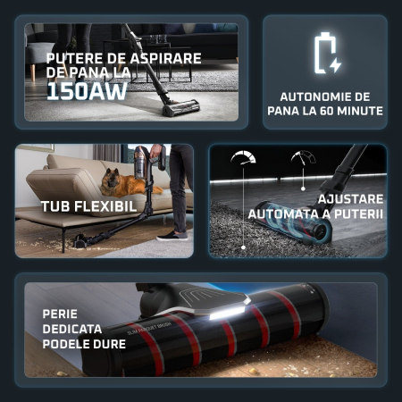 Aspirator vertical fara fir Rowenta X-Force Flex 12.60 Neo Complete RH9L55E0, 150 air watts, autonomie de pana la 60 min, recipient praf 0.65L, iluminare LED, tub Flex, funcție Boost, negru & gri [2]