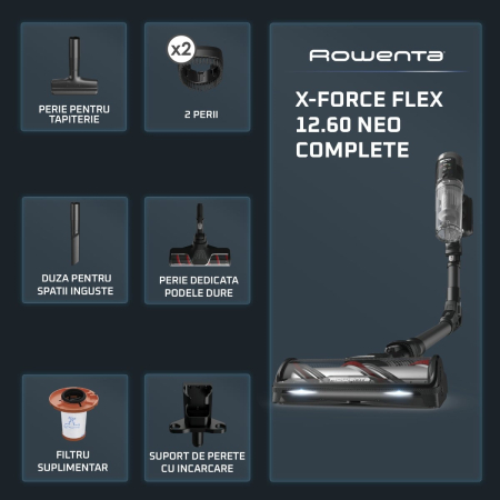 Aspirator vertical fara fir Rowenta X-Force Flex 12.60 Neo Complete RH9L55E0, 150 air watts, autonomie de pana la 60 min, recipient praf 0.65L, iluminare LED, tub Flex, funcție Boost, negru & gri [1]