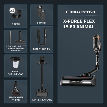 Aspirator vertical fara fir Rowenta X-Force Flex 15.60 Animal RH99F3WO, 550W, 2 baterii cu autonomie de cate 80 min, Tehnologie flex, display control, accesorii animal care, stație încarcare, recipien [2]