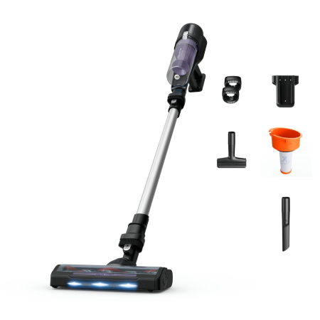 Bucatarie - Aspirator vertical fara fir Rowenta X-Pert 5.80 RH5A31E0, 150 W, autonomie de pana la 40 minute, iluminare LED, sistem Digital Control, greutate redusa, filtrare pana la 99%, violet & argintiu