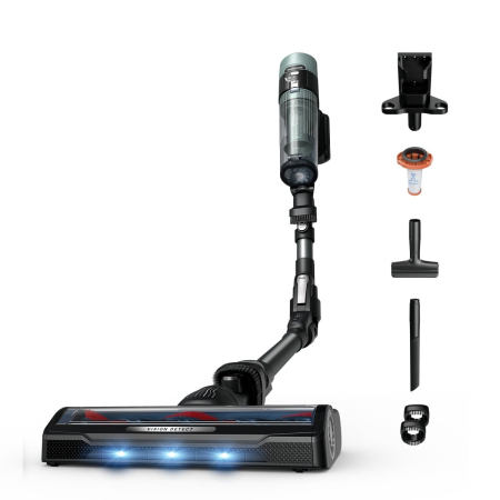 Bucatarie - Aspirator vertical Rowenta X-Force Flex 10.80 RH7A35E0, 300 W, 18.5V, autonomie 60 minute, recipient 0.44 L, tehnologie flex, perie cu LED, panou digital SmartControl, filtrare 99.9%, verde & negru