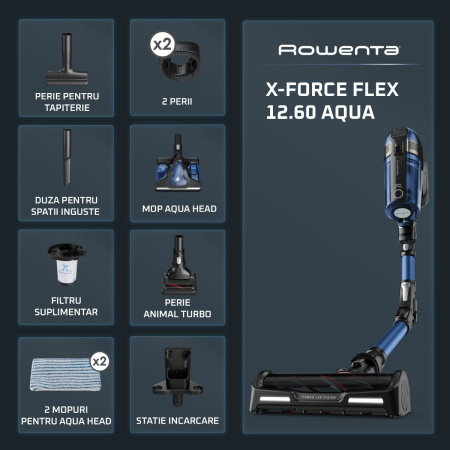 Aspirator vertical Rowenta X-Force Flex 12.60 Aqua RH98C0WO, 320 W, 0.9 l, Autonomie 45 minute, mop Aqua, Albastru/Negru [2]