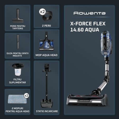 Aspirator vertical Rowenta X-Force Flex 14.6 Aqua RH99C3WO, 480 W, 200 AW, autonomie 70 minute, functie Boost, tub flexibil, iluminare LED, ajustare automata a puterii, sistem Aqua, gri & albastru [2]