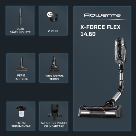 Aspirator vertical Rowenta X-Force Flex 14.60 RH9958WA, 200 AW, Smart Control Display, Functie Boost, autonomie 1 ora 10 minute, Negru/gri  [1]