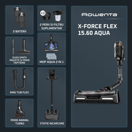 Aspirator vertical Rowenta X-Force Flex 15.60 Aqua RH99G3WO, 520W, 2 baterii cu autonomie de cate 80 min, tehnologie flex, display control, accesorii animal care, stație încarcare, recipient praf 0.9L [2]
