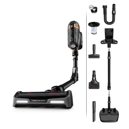 Bucatarie - Aspirator vertical Rowenta X-Force Flex 15.60 RH99F1WO, 520W, Tehnologie flex, display control, accesorii animal care, stație încarcare, recipient praf 0.9L, autonomie max 1h si 20min, negru&maro