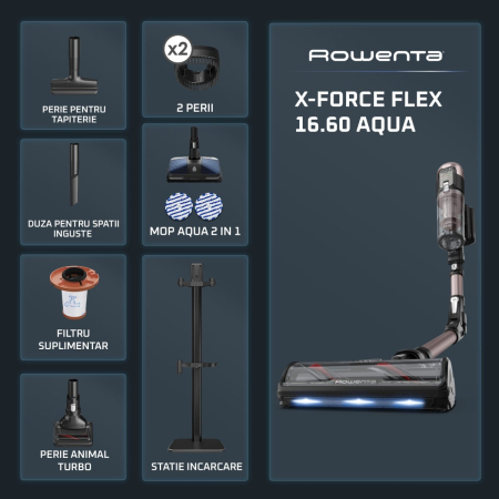 Aspirator vertical Rowenta X-Force Flex 16.60 Aqua RH9CD9E0, 780W, autonomie 120 min, tehnologie flex, display control, accesorii animal care, statie incarcare, recipient praf 0.65L, perie cu LED, roz [2]