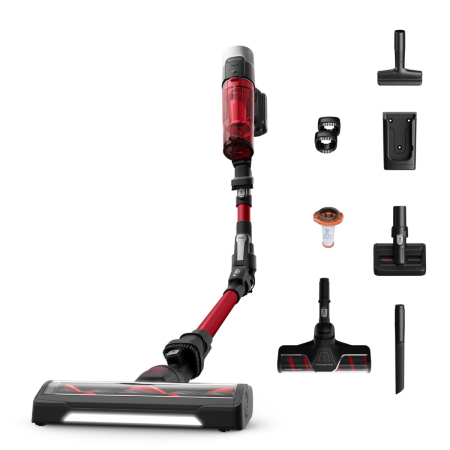 Bucatarie - Aspirator vertical Rowenta X-Force Flex 9.60 Complete RH2099WO, 250W, 45 minute autonomie, 3 trepte de putere, perie covoare si podele dure cu LED, perie Animal Turbo, statie de incarcare, negru & ros