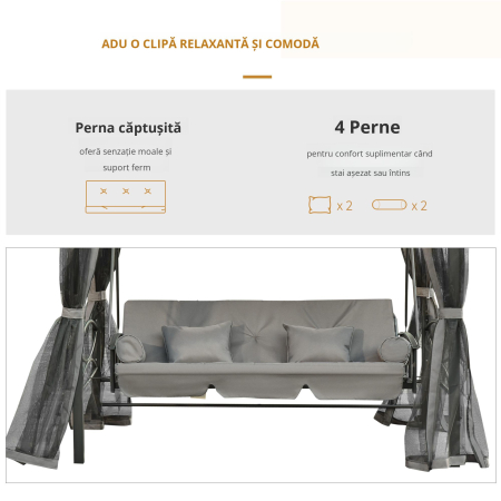  Balansoar 3 Locuri si Sezlong cu Copertina tip Foisor cu Plasa Impotriva Tantarilor si Perne [3]