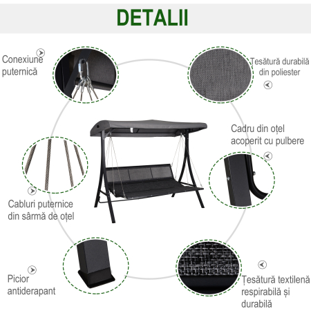  Balansoar cu 3 Scaune din Material Textil cu Perne si Acoperis Reglabil, Gri, 200x115x168 cm [5]