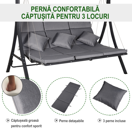  Balansoar cu 3 Scaune din Material Textil cu Perne si Acoperis Reglabil, Gri, 200x115x168 cm [6]