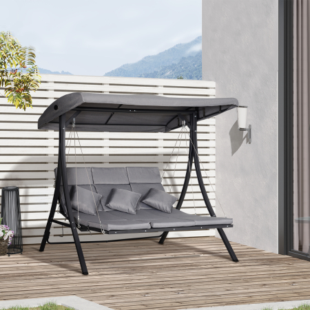  Balansoar cu 3 Scaune din Material Textil cu Perne si Acoperis Reglabil, Gri, 200x115x168 cm [1]