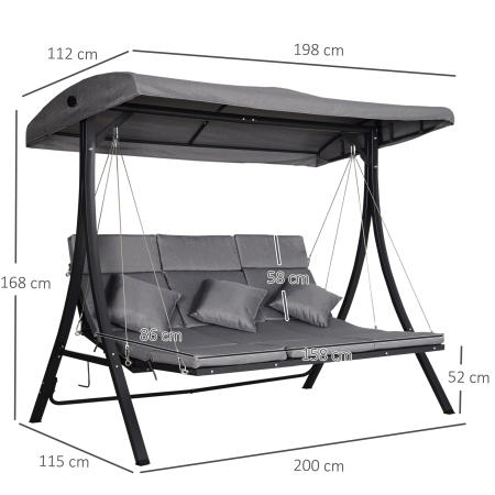  Balansoar cu 3 Scaune din Material Textil cu Perne si Acoperis Reglabil, Gri, 200x115x168 cm [2]
