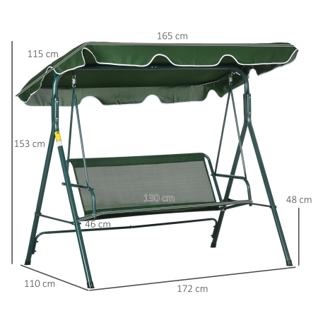  Balansoar de Gradina 3 Locuri Acoperis Parasolar si Structura din Otel si Poliester, 172x110x153 cm, Alb si Verde [2]