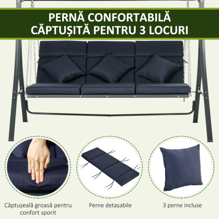  Balansoar de Gradina cu 3 Locuri, Copertina Reglabila si 3 Perne, 198x118x168 cm, Albastru [6]