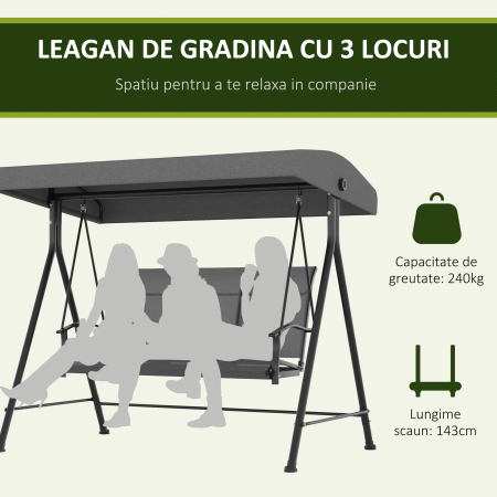  Balansoar de Gradina cu 3 Locuri, Copertina Reglabila si Picioare Anti-alunecare, 195x118x170 cm, Gri inchis [3]