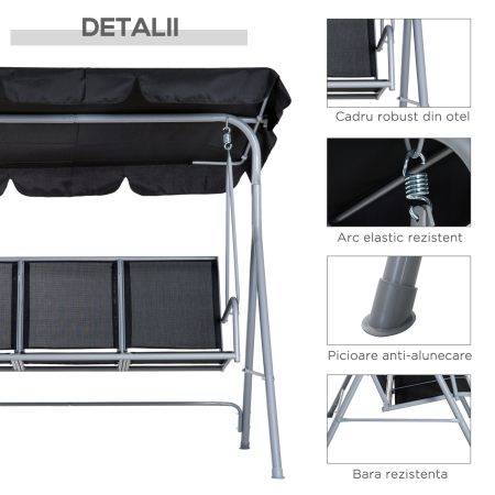  Balansoar de Gradina cu 3 Locuri din Metal Acoperis Copertina Detasabil [5]