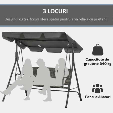  Balansoar de Gradina cu 3 Locuri si Parasolar Reglabil, 167x112x153 cm, Gri inchis [4]