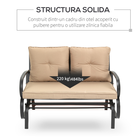  Balansoar de Gradina pentru 2 Persoane cu Perne Capitonate pentru Sezut cu Spatar, 122x70x87cm, Kaki [5]