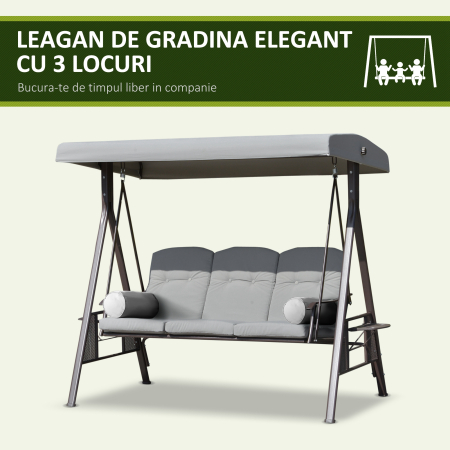 Balansoar Exterior 3 Locuri cu Cadru din Otel, Acoperis si Perne Incluse, Gri Deschis [6]