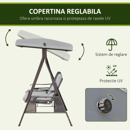  Balansoar Exterior 3 Locuri cu Cadru din Otel, Acoperis si Perne Incluse, Gri Deschis [3]