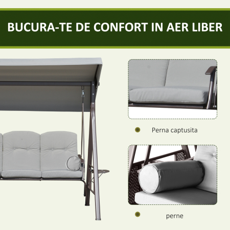  Balansoar Exterior 3 Locuri cu Cadru din Otel, Acoperis si Perne Incluse, Gri Deschis [5]