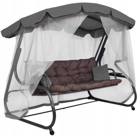 Balansoar gradina 226x126x192 cm, 3 in 1 leagan, pat si relaxare, cu plasa anti-insecte, copertina reglabila, saltea si perne incluse, gri si maro [9]